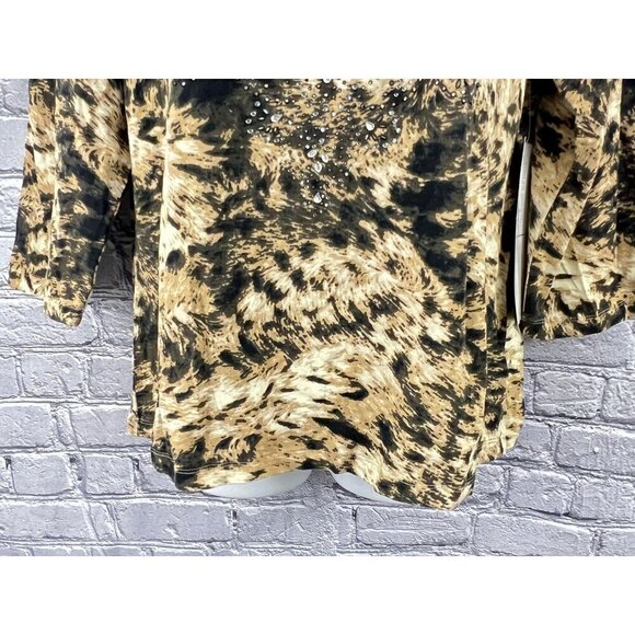 Onque Casuals Womens Animal Print Top XL 3/4 Sleeve Rhinestone Embellished Cotto - Picture 2 of 7